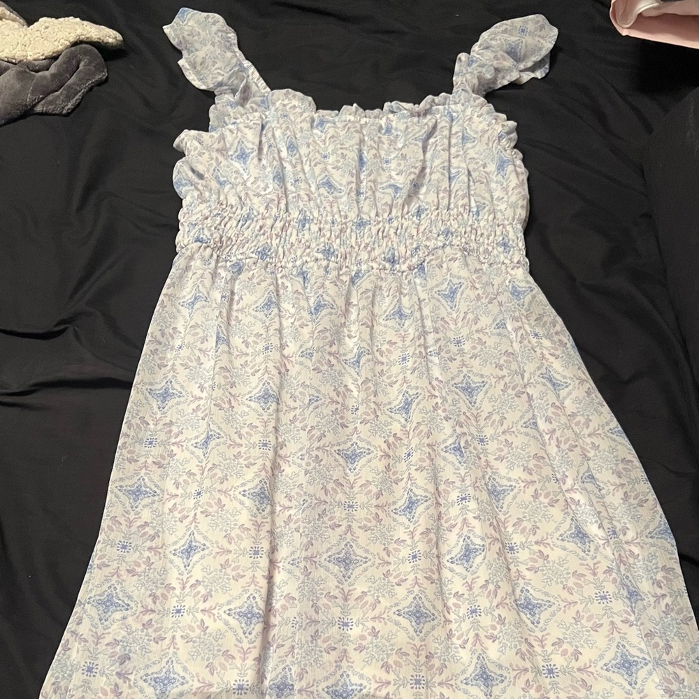 Blue and White Smocked Ruffled Maxi Sundress